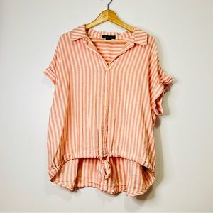 Sanctuary Linen Blend Peach White Striped Button Down Tie Front Top Size Large